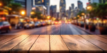 Photo for The empty wooden table top with blur background of street in downtown business district with people walking. Exuberant image. - Royalty Free Image