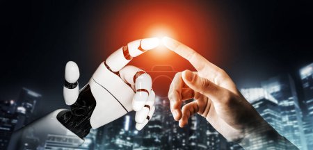 Foto de Representación 3D Desarrollo de tecnología robótica futurista, inteligencia artificial IA y concepto de aprendizaje automático. Investigación científica biónica robótica global para la vida humana futura. Ilustración 3D - Imagen libre de derechos