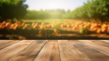 Foto de La mesa de madera vacía marrón con fondo borroso de la granja. Imagen exuberante. - Imagen libre de derechos