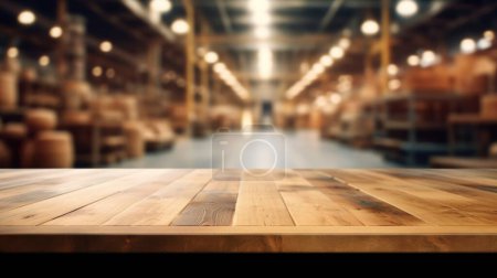 Téléchargez les photos : Le plateau en bois vide avec fond flou d'un grand entrepôt. Image exubérante. - en image libre de droit
