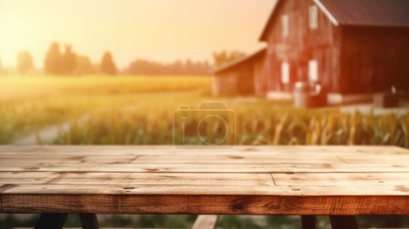 Foto de La mesa de madera vacía marrón con fondo borroso de granja y granero. Imagen exuberante. - Imagen libre de derechos