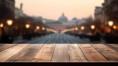 Foto de La mesa de madera vacía con fondo borroso de la calle Roma. Imagen exuberante. - Imagen libre de derechos