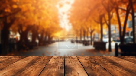 Foto de La mesa de madera vacía con fondo borroso de la calle europea en otoño. Imagen exuberante. - Imagen libre de derechos