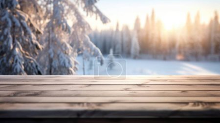 Foto de La mesa de madera vacía con fondo borroso de invierno en Finlandia. Imagen exuberante. - Imagen libre de derechos