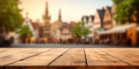Foto de La mesa de madera vacía con fondo borroso de la plaza de la ciudad. Imagen exuberante. - Imagen libre de derechos