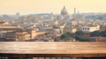 Photo for The empty wooden table top with blur background of Rome. Exuberant image. - Royalty Free Image