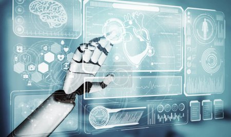 Téléchargez les photos : Rendre 3D robot d'intelligence artificielle médicale travaillant dans le futur hôpital. Prothèse de santé futuriste pour les patients et concept de technologie biomédicale
. - en image libre de droit