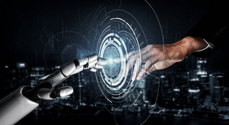 Rendre 3D intelligence artificielle Recherche IA de développement de robots et de cyborgs pour l'avenir des personnes vivant. Conception de technologies numériques d'exploration de données et d'apprentissage automatique pour cerveau d'ordinateur.