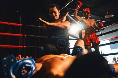 Photo for Boxing referee intervene, halting the fight to check fallen competitor after knock out. Referee pauses the action for boxer fighters safety after KO with winner posing in background. Impetus - Royalty Free Image