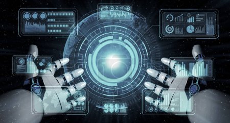 Téléchargez les photos : Intelligence artificielle Recherche IA sur le développement de robots et de cyborgs pour l'avenir des personnes vivant. Exploitation de données numériques et technologie d'apprentissage automatique, communication informatique. Illustration 3D - en image libre de droit