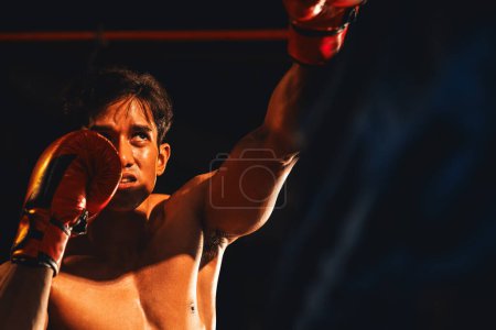 Téléchargez les photos : Le boxeur asiatique et caucasien Muay Thai libère son pouvoir dans un match de boxe féroce. boxer thaïlandais avec un corps musclé fort échangeant poinçon et frapper avec des prouesses de combat implacables. Impulsion - en image libre de droit