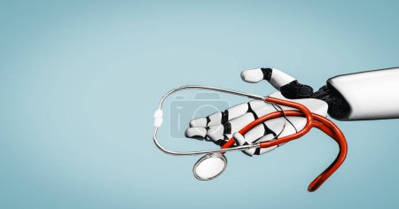 Téléchargez les photos : Rendre 3D robot d'intelligence artificielle médicale travaillant dans le futur hôpital. Prothèse de santé futuriste pour les patients et concept de technologie biomédicale
. - en image libre de droit