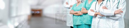 Photo for Confident medical staff team with doctor nurse and healthcare specialist professions people in blurry hospital corridor background. Medical and healthcare community in panoramic banner. Neoteric - Royalty Free Image