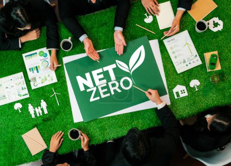 Téléchargez les photos : Top view panorama banner group of business people planning for alternative net zero energy use for greener sustainable Earth with renewable energy technology to reduce CO2 emission. Charmante. - en image libre de droit