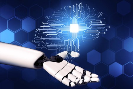 Téléchargez les photos : Rendu 3D Développement technologique de robots futuristes, intelligence artificielle IA et concept d'apprentissage automatique. Global robotic bionic science research for future human life. Illustration 3D - en image libre de droit