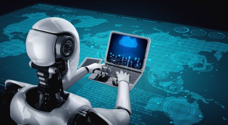 Téléchargez les photos : Robot IA avec intelligence artificielle utilisant un logiciel informatique moderne par système d'apprentissage automatique - en image libre de droit