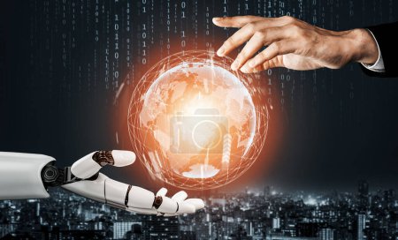 Foto de Representación 3D Desarrollo de tecnología robótica futurista, inteligencia artificial IA y concepto de aprendizaje automático. Investigación científica biónica robótica global para la vida humana futura. Ilustración 3D - Imagen libre de derechos