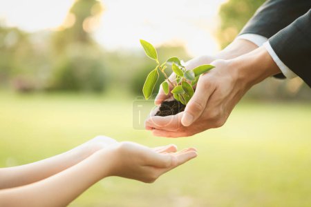 Photo for Businessman handing plant or sprout to young boy as eco company committed to corporate social responsible, reduce CO2 emission and embrace ESG principle for sustainable future.Gyre - Royalty Free Image