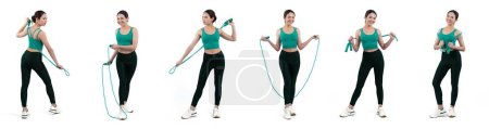 Photo for Collection of body workout training with exercise posture for athletic woman in different various exercising pose sequence in full body studio shot on isolated background. Vigorous - Royalty Free Image