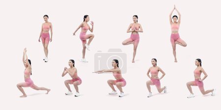 Foto de Colección de ejercicios de yoga en diferentes posturas diversas de yoga con mujer atlética en diferentes secuencias de ejercicio posando en estudio de cuerpo completo filmado sobre fondo aislado. Vigoroso - Imagen libre de derechos