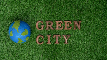 Photo for Environmental awareness campaign showcase message arranged in Green City on biophilic with eco icon background. Environmental social governance concept idea for sustainable and greener future. Gyre - Royalty Free Image