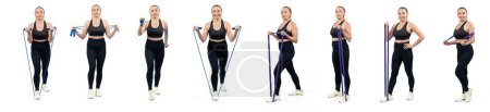 Photo for Healthy and active senior woman with different professional fitness posture set of resistance band and exercising rope workout on isolated background in full body length shot. Clout - Royalty Free Image