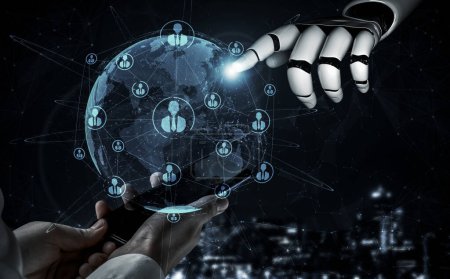 Foto de Inteligencia artificial Investigación de IA del desarrollo de robots y cyborg para el futuro de las personas que viven. Tecnología digital de minería de datos y aprendizaje automático, comunicación por computadora. Ilustración 3D - Imagen libre de derechos
