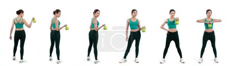 Photo for Collection of body weight workout training with light dumbbell for athletic woman in different various exercise posing sequence in full body studio shot on isolated background. Vigorous - Royalty Free Image