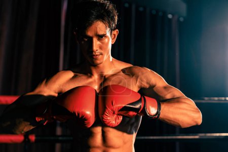 Téléchargez les photos : Muay boxeur thaïlandais punch poisson sa main ensemble devant la caméra dans prêt à se battre position posant à la salle de gym avec équipement de boxe en arrière-plan. Détermination ciblée œil et se préparer pour le défi. Impulsion - en image libre de droit
