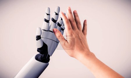 Foto de Inteligencia artificial Investigación de IA del desarrollo de robots y cyborg para el futuro de las personas que viven. Tecnología digital de minería de datos y aprendizaje automático, comunicación por computadora. Ilustración 3D - Imagen libre de derechos