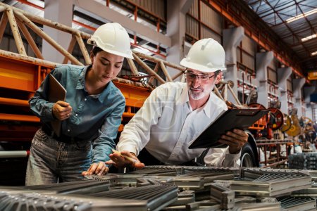El gerente de fábrica de fabricación de metalurgia supervisa la más alta calidad de marco de metal o acero para la construcción pesada. Inspección de fabricación de acero que garantiza productos de calidad de precisión. Ejemplificando