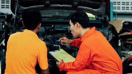 Photo for Panoramic banner automotive service mechanic inspect and diagnose car engine issue, repairing and fixing problem in workshop. Technician car care maintenance working on internal components. Oxus - Royalty Free Image
