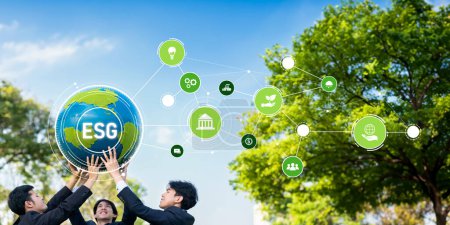 Photo for Group of business people promote environment awareness, holding big Earth ball with eco friendly icon symbolize ESG business environmental protection and sustainable net zero effort. Panorama Reliance - Royalty Free Image