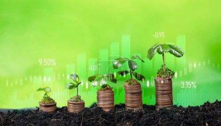 Photo for Growing young tree seedling planted on top of coin stack with ESG business investment with sustainable growth potential lead to profitable financial return and environmental protection. Reliance - Royalty Free Image