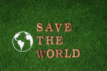 Photo for Eco awareness campaign for Earth day concept showcase message arranged in Save Earth on biophilic green background. Environmental social governance concept idea for sustainable and greener future.Gyre - Royalty Free Image