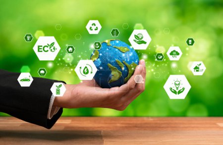 El empresario que sostiene a la Tierra con un diseño de iconos respetuoso con el medio ambiente simboliza el compromiso de la empresa empresarial para proteger el ecosistema de la Tierra con tecnología cero neta y práctica ESG. Dependencia