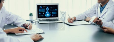 Photo for Group of doctor or researcher studying genetic disease in DNA with laptop, analyze genetic data, formulate medical treatment strategies, and develop healthcare plan with innovative solution. Neoteric - Royalty Free Image