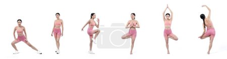Foto de Colección de ejercicios de yoga en diferentes posturas diversas de yoga con mujer atlética en diferentes secuencias de ejercicio posando en estudio de cuerpo completo filmado sobre fondo aislado. Vigoroso - Imagen libre de derechos
