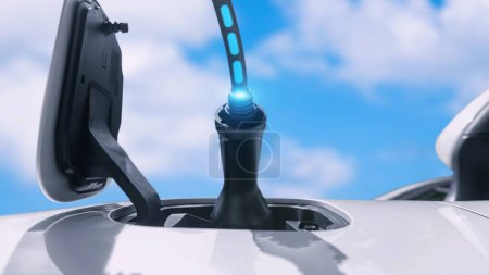 Photo for EV charger plug into electric car for electric recharging by electric charging station with glowing light cable, below sky closeup shot. Cutting-Edge innovation and future energy sustainability Peruse - Royalty Free Image