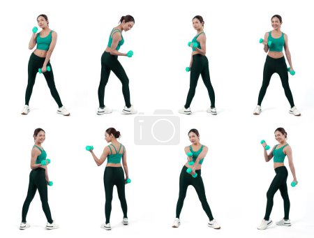 Photo for Collection of body weight workout training with light dumbbell for athletic woman in different various exercise posing sequence in full body studio shot on isolated background. Vigorous - Royalty Free Image