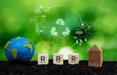 Photo for Eco friendly green business company commitment to RRR recycle reduce reuse practices for environmental sustainability with clean and recycled waste management for environment protection. Reliance - Royalty Free Image