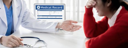 Photo for Doctor deliver bad news about diagnostic test result to tearful and distraught patient during medical appointment at a clinic or hospital office. Medical consultation and disease. Panorama Rigid - Royalty Free Image