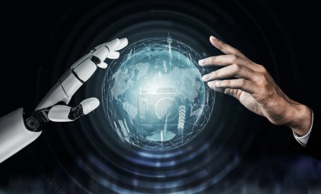 Foto de Desarrollo de tecnología robótica futurista, IA de inteligencia artificial y concepto de aprendizaje automático. Investigación científica biónica robótica global para el futuro de la vida humana. Ilustración 3D. - Imagen libre de derechos