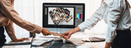 Photo for Group of interior architect designer team at table choosing various mood board samples with architecture software on laptop screen. Modern renovation and interior material selection concept. Insight - Royalty Free Image