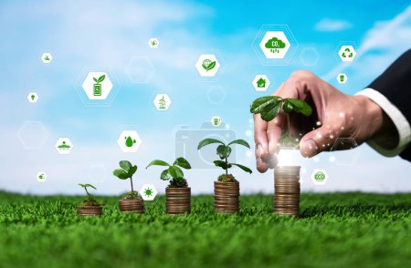 Seedling tree plant on growing money or coin stack with businessman invest in eco friendly technology. Green business investment and financial sustainable grow on environmental sustainability.Reliance