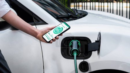 Photo for Businesswoman holding smartphone display battery status interface by smart EV mobile application while EV car recharging electricity from charging station in car park. Peruse - Royalty Free Image
