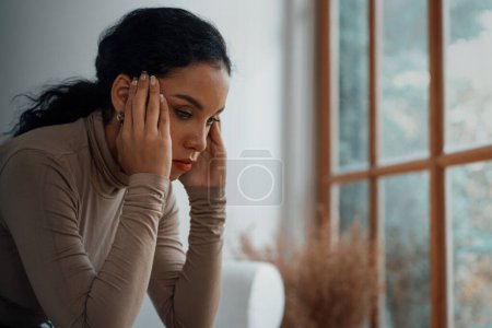 Photo for Depressed young Black woman with mental health problem in mind need crucial treatment from overthinking fatigue girl, disruptive thought, dissocial, anxiety and other mental health disorders . - Royalty Free Image