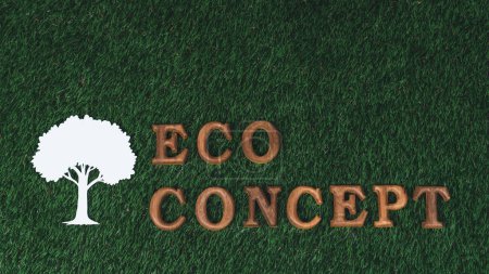 Photo for Wooden alphabet arranged in ecological awareness campaign with ECO icon design on biophilia green grass background to promote environmental protection for greener and sustainable future. Gyre - Royalty Free Image