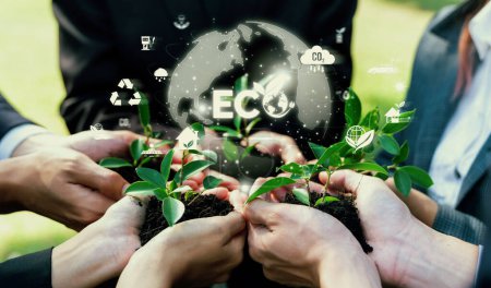 Téléchargez les photos : Le partenariat commercial qui nourrit ou cultive des plantes avec une icône écologique symbolise la protection durable de l'environnement ESG par la technologie écologique et la réduction du carbone pour un avenir net zéro. Dépendance - en image libre de droit