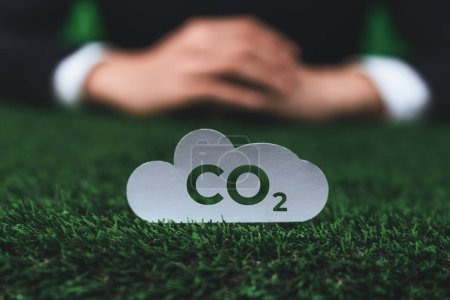 Téléchargez les photos : L'icône des gaz CO2 focalisés sur l'herbe avec un fond flou d'homme d'affaires symbolise une entreprise respectueuse de l'environnement engagée dans la protection de l'environnement et zéro émission de carbone. Entreprise responsable de la société verte.Gyre - en image libre de droit